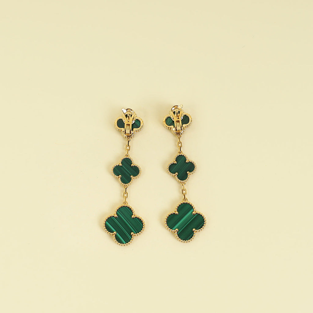 Van Cleef & Arpels 18K Yellow Gold Magic Alhambra Malachite 3 Motifs Earrings