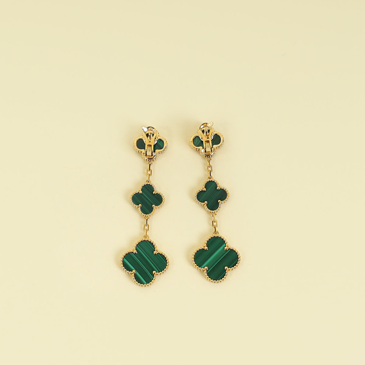 Van Cleef & Arpels 18K Yellow Gold Magic Alhambra Malachite 3 Motifs Earrings