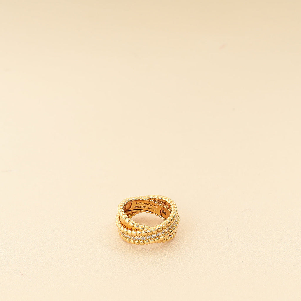 Van Cleef & Arpels 18K Yellow Gold Perlée Diamonds Duo Ring 50