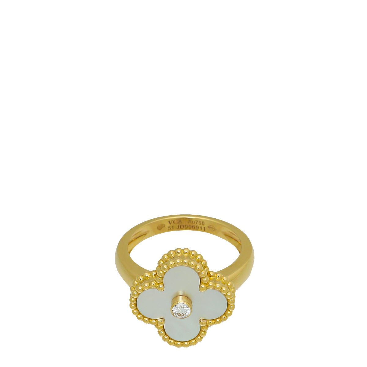 Van Cleef & Arpels 18K Yellow Gold MOP Diamond Vintage Alhambra Ring 51