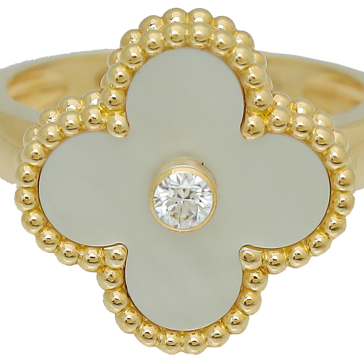 Van Cleef & Arpels 18K Yellow Gold MOP Diamond Vintage Alhambra Ring 51