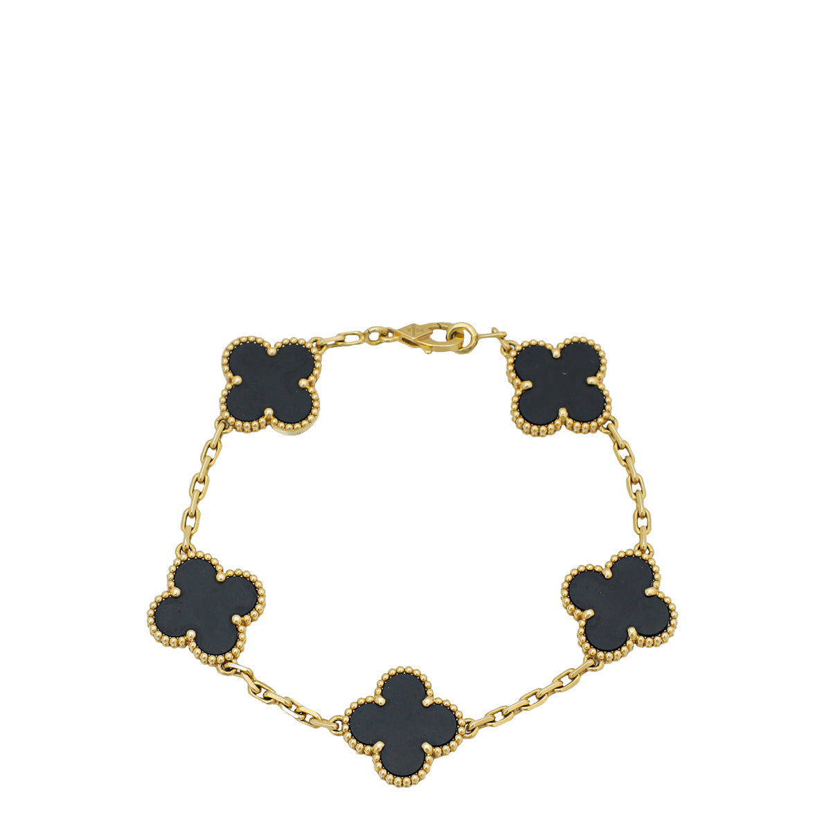 Van Cleef & Arpels 18K Yellow Gold Onyx 5 Motifs Vintage Alhambra Bracelet
