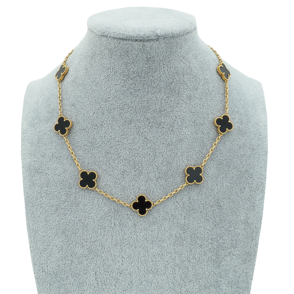 Van Cleef & Arpels 18K Yellow Gold Onyx 10 Motifs Vintage Alhambra Necklace