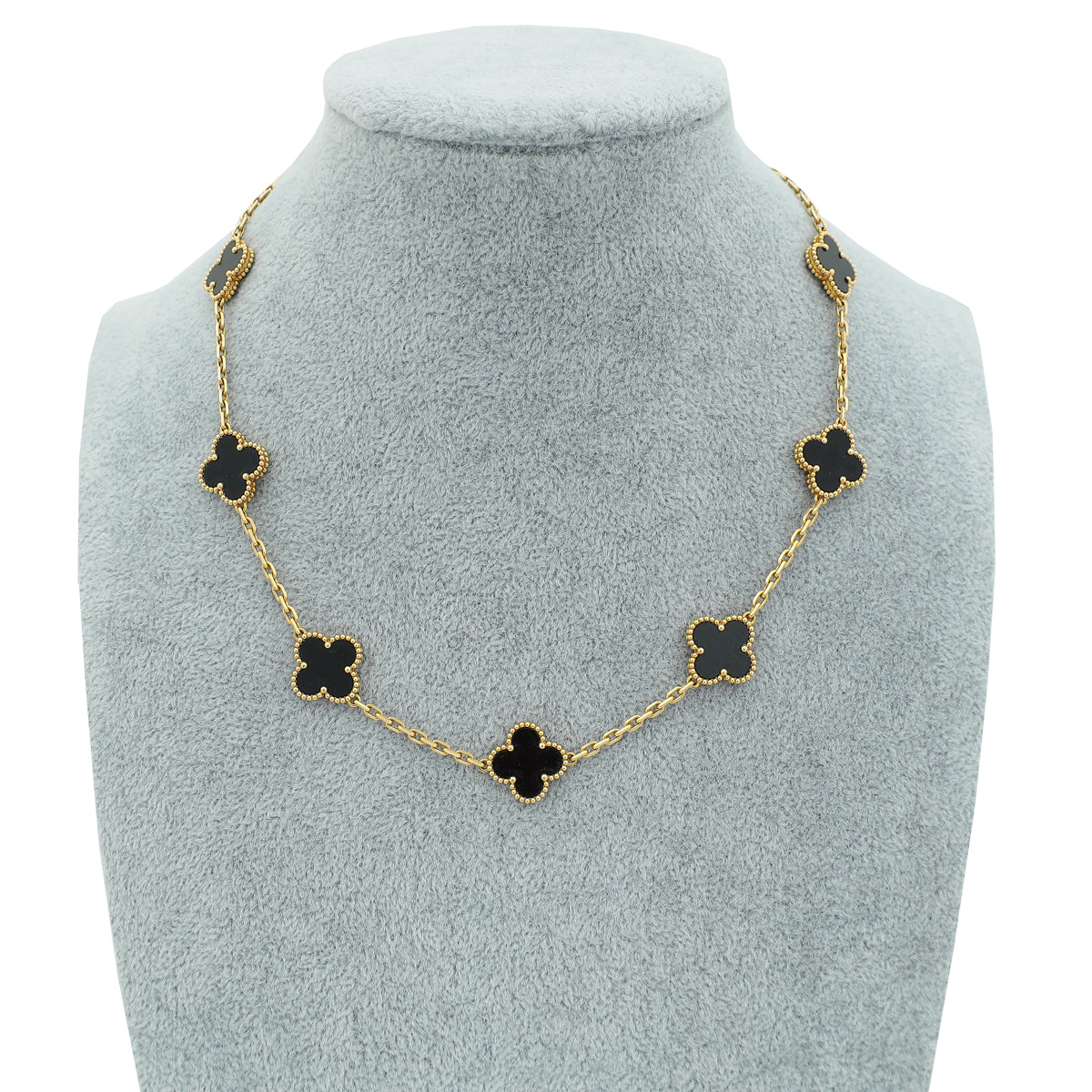 Van Cleef & Arpels 18K Yellow Gold Onyx 10 Motifs Vintage Alhambra Necklace