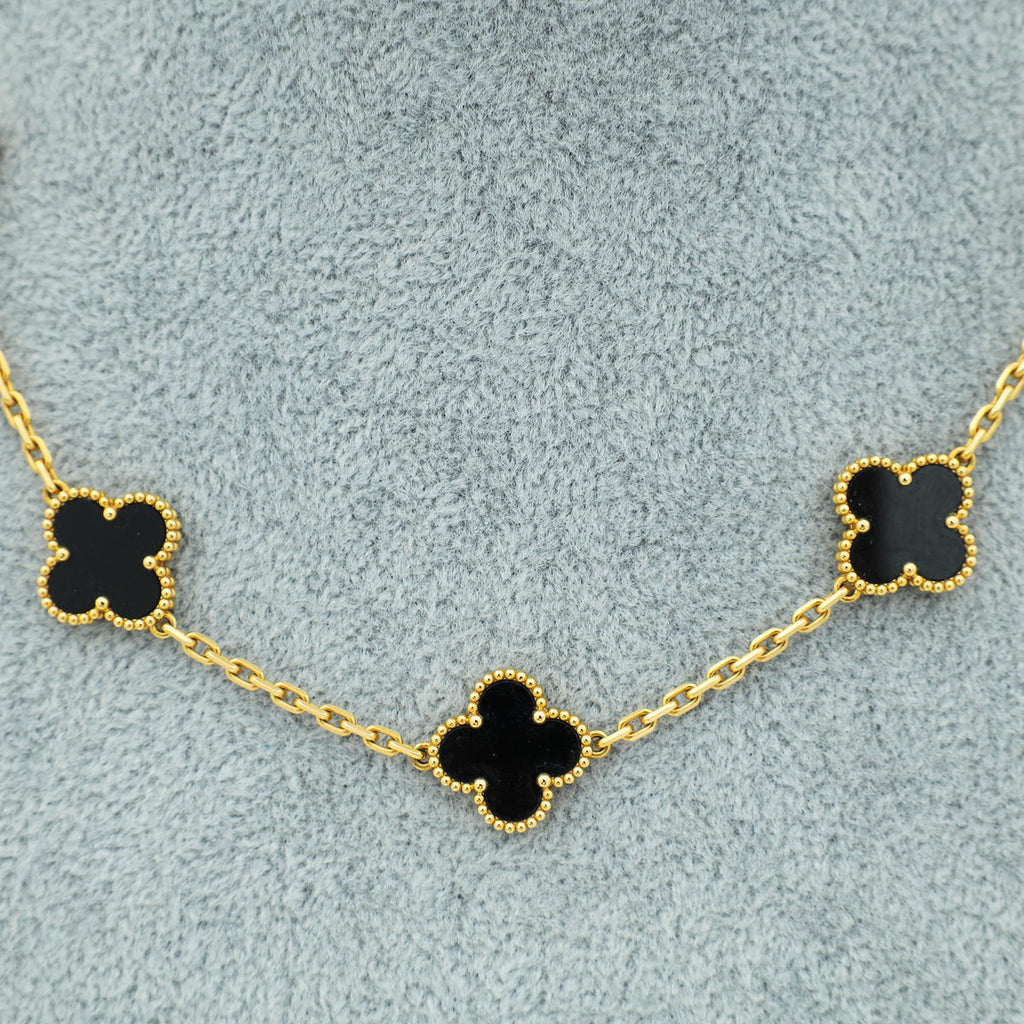 Van Cleef & Arpels 18K Yellow Gold Onyx 10 Motifs Vintage Alhambra Necklace