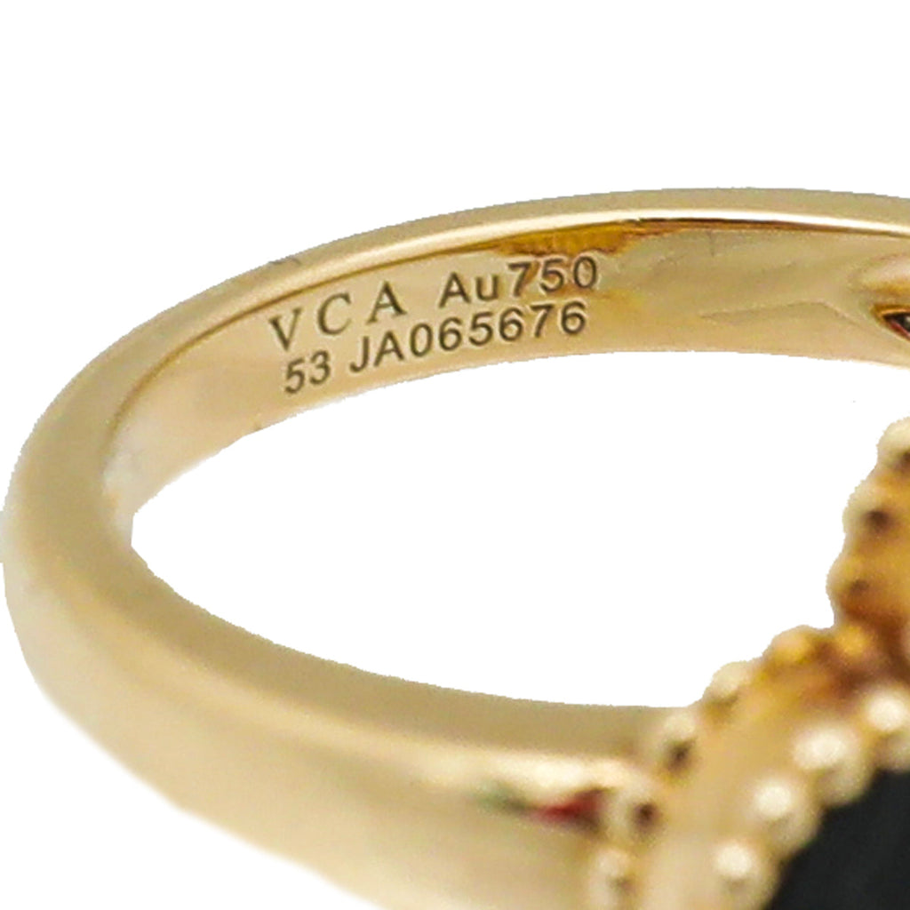 Van Cleef & Arpels Yellow Gold Diamond Onyx Vintage Alhambra Ring 53