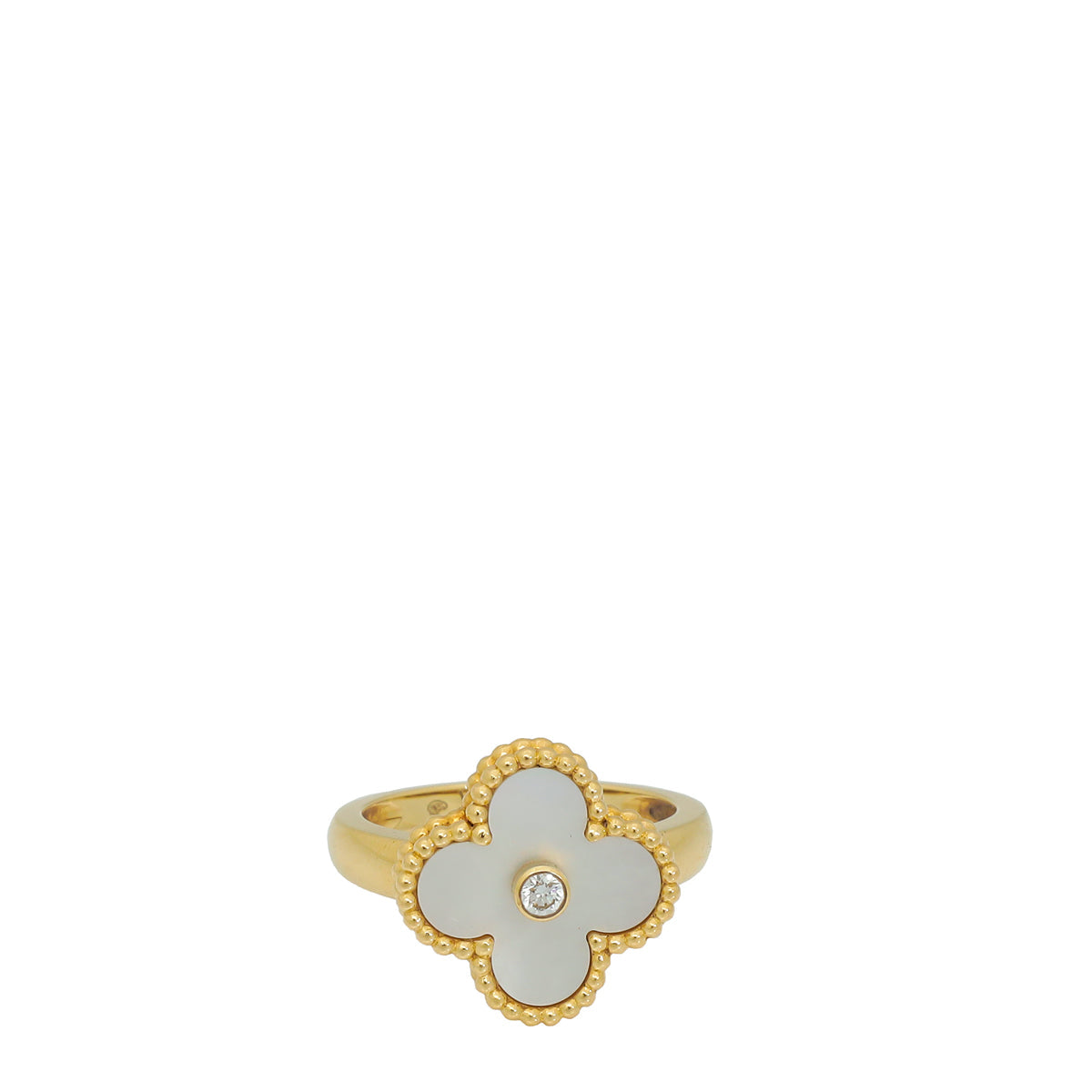 Van Cleef & Arpels 18K Yellow Gold MOP 1 Diamond Vintage Alhambra Ring 53