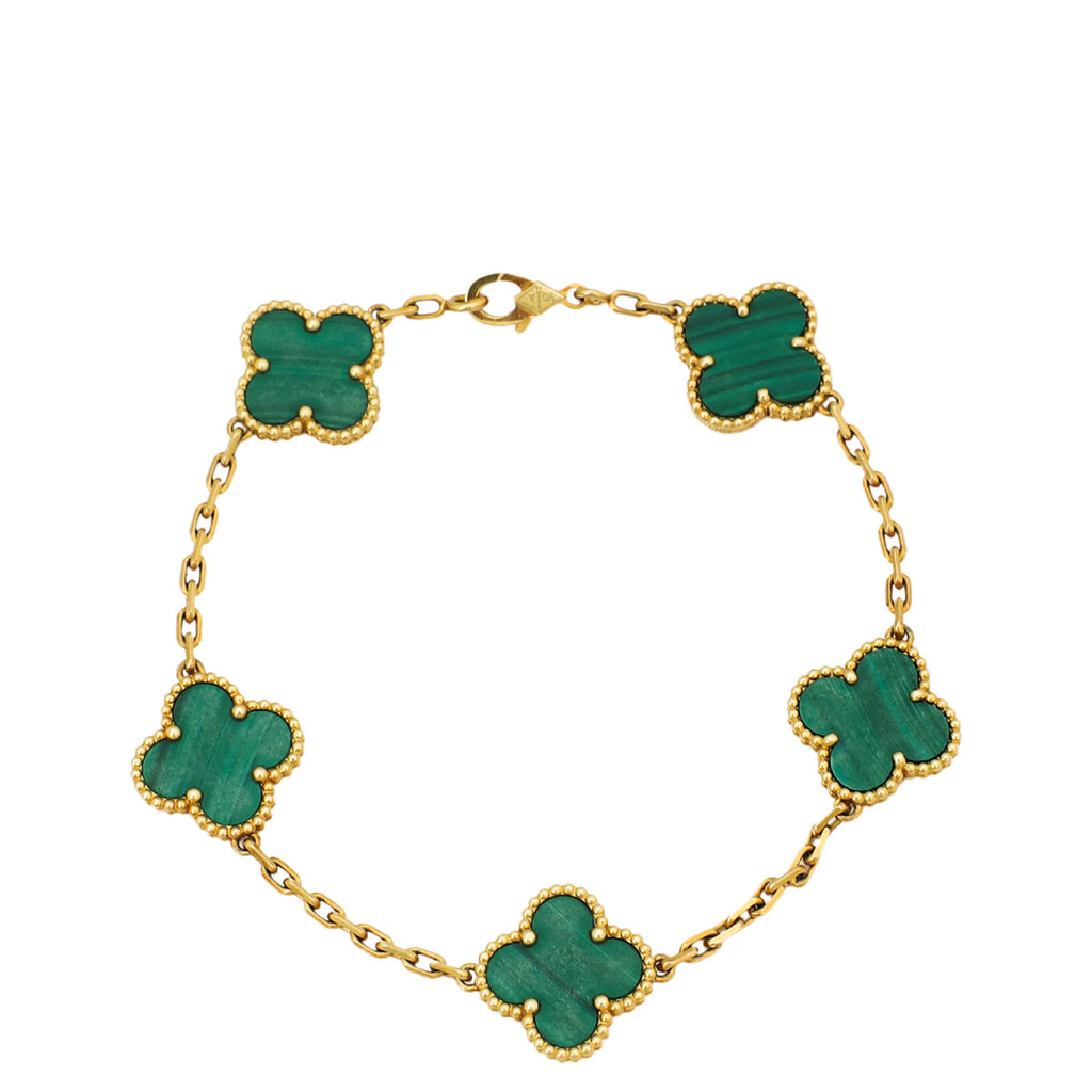 Van Cleef & Arpels 18K Yellow Gold 5 Motifs Malachite Vintage Alhambra Bracelet