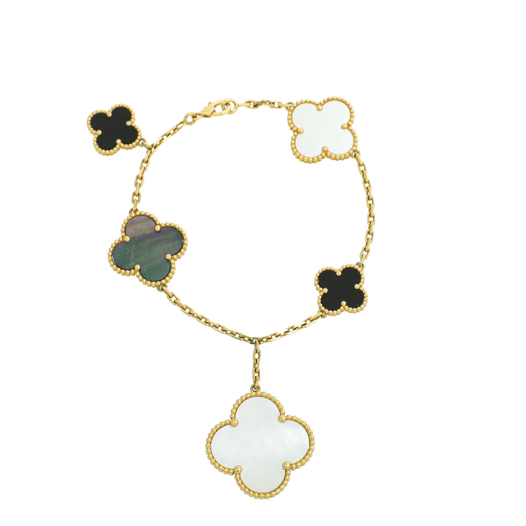 Van Cleef & Arpels 18K Yellow Gold MOP Onyx Magic Alhambra 5 Motifs Bracelet