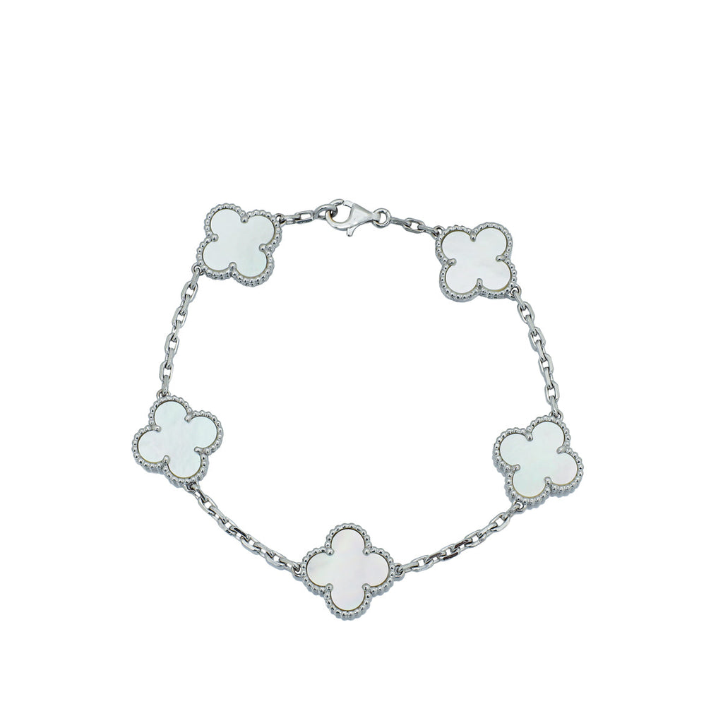 Van Cleef & Arpels 18K White Gold MOP Vintage Alhambra 5 Motif Bracelet