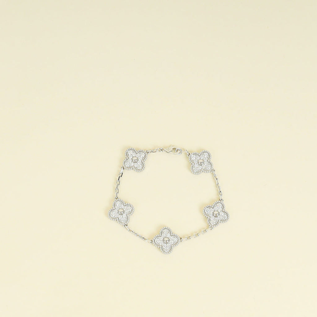 Van Cleef and Arpels 18K White Gold Vintage Alhambra 5 Motifs Diamond Bracelet