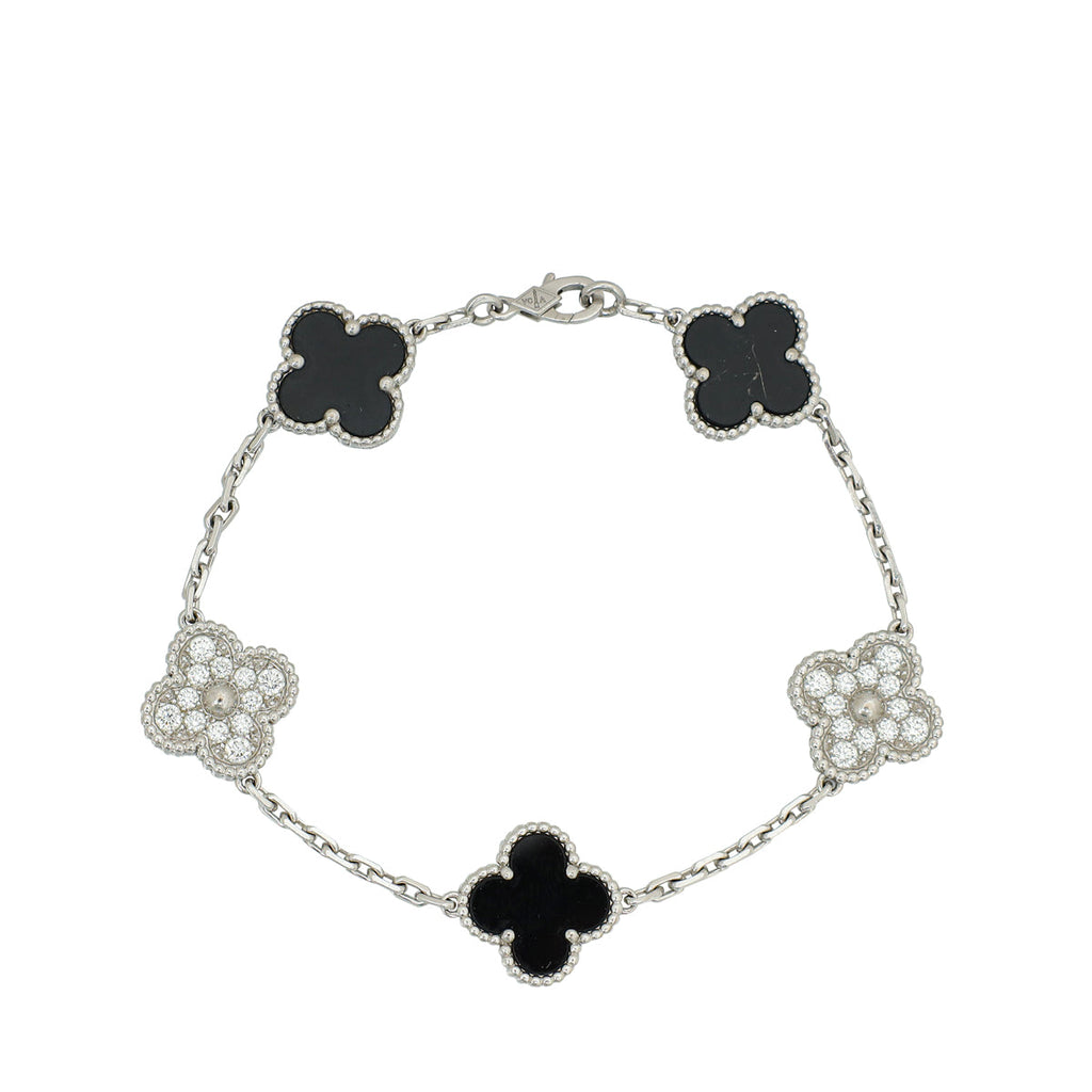 Van Cleef & Arpels 18K White Gold Diamond 5 Motifs Vintage Alhambra Bracelet