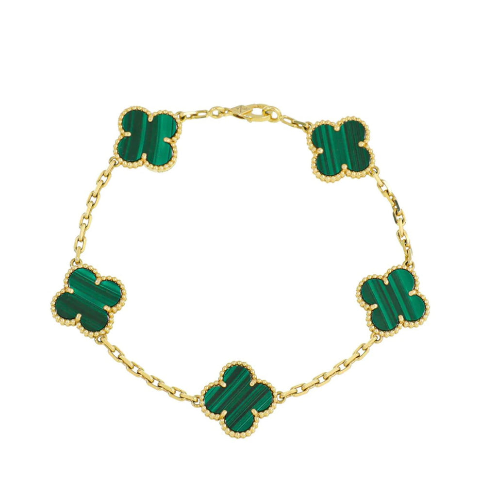 Van Cleef & Arpels 18K Yellow Gold Malachite 5 Motifs Vintage Alhambra Bracelet