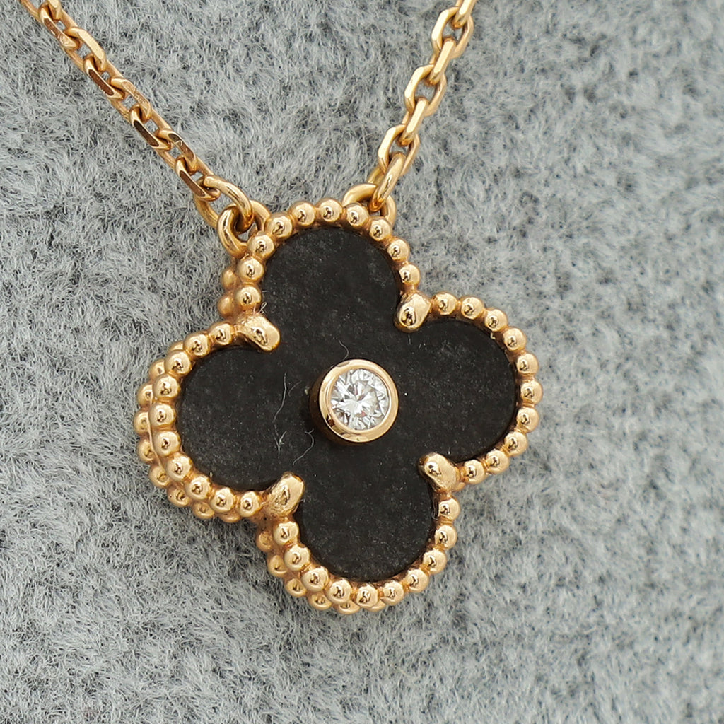 VAn Cleef & Arpels 18K Rose Gold Diamond Silver Obsidian Vintage Alhambra Holiday 2023 Necklace
