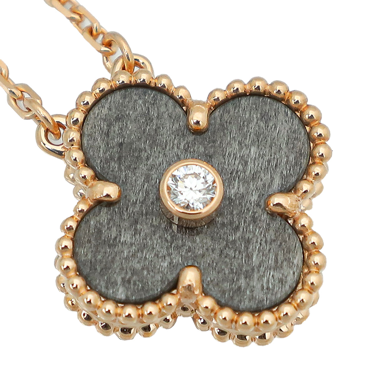 Van Cleef & Arpels 18K Rose Gold Diamond Silver Obsidian Vintage Alhambra Holiday Pendant Necklace