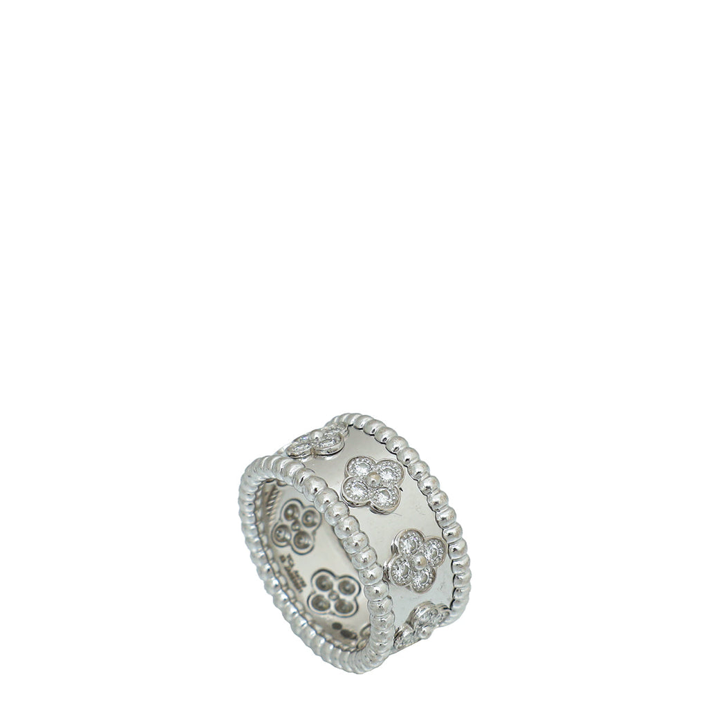 Van Cleef & Arpels 18K White Gold Diamond Perlee Clovers Medium Model Ring 53
