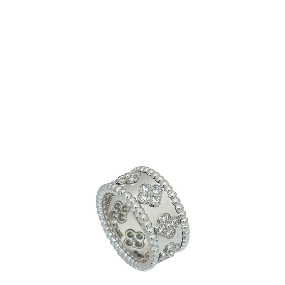 Van Cleef & Arpels 18K White Gold Diamond Perlee Clovers Medium Model Ring 53
