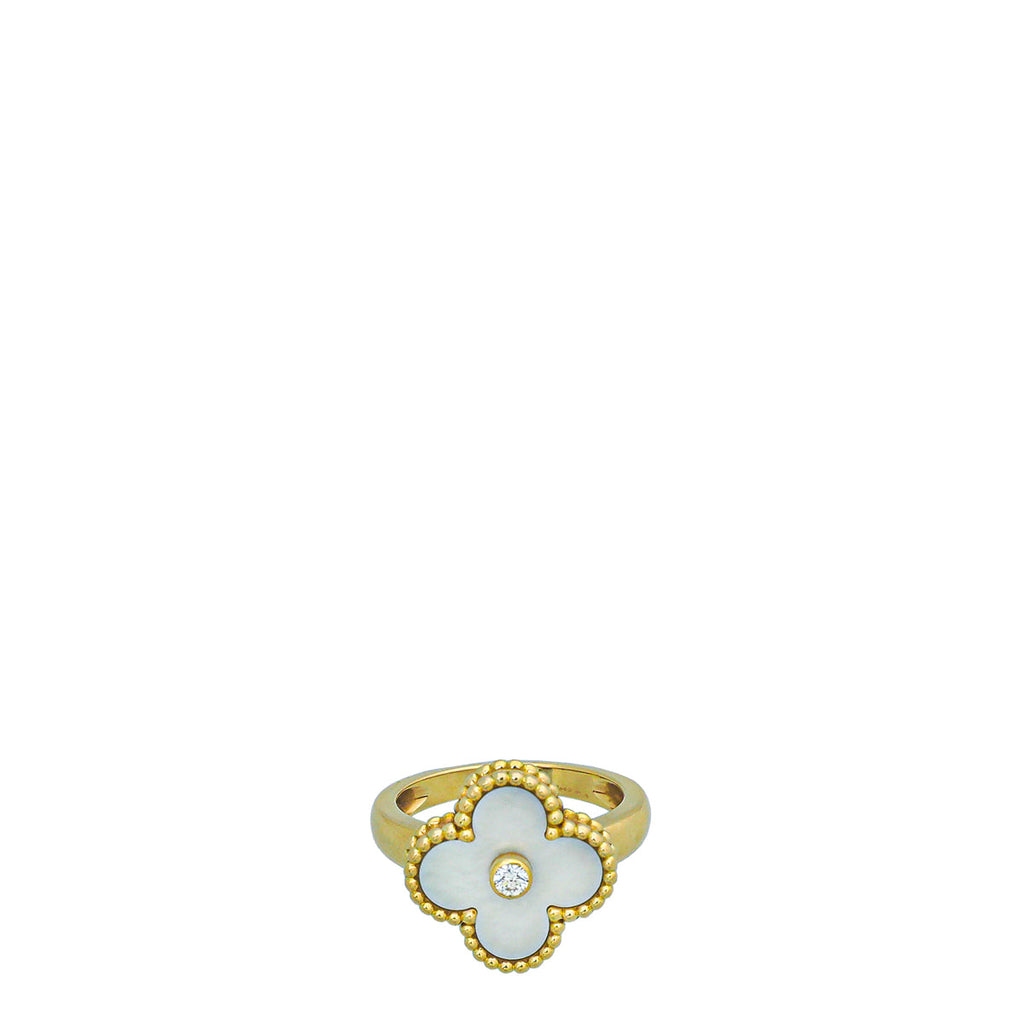 Van Cleef & Arpels 18K Yellow Gold MOP Diamond Vintage Alhambra Ring 51