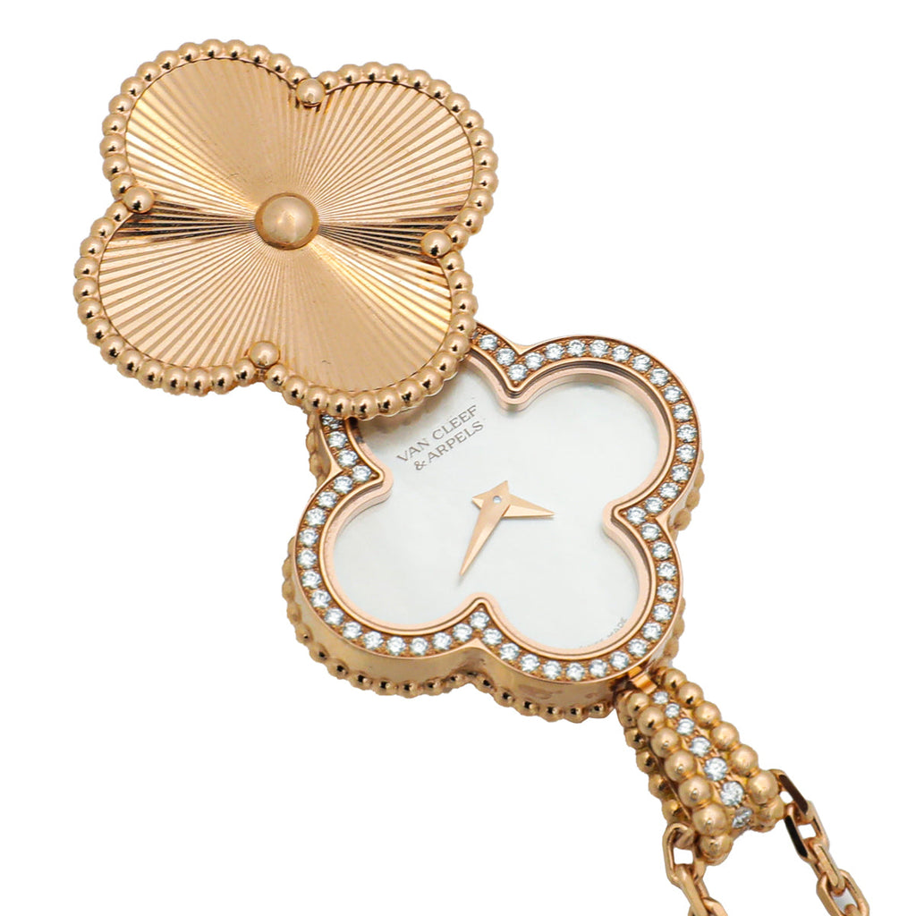 Van Cleef & Arpels 18K Pink Gold Diamonds Alhambra Secret Quartz Pendant Watch