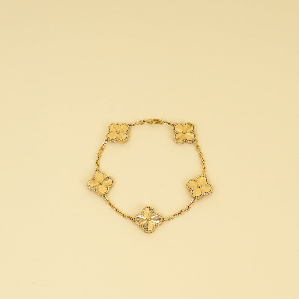 Van Cleef & Arpels 18K Yellow Gold Vintage Alhambra Guilloché 5 Motifs Bracelet