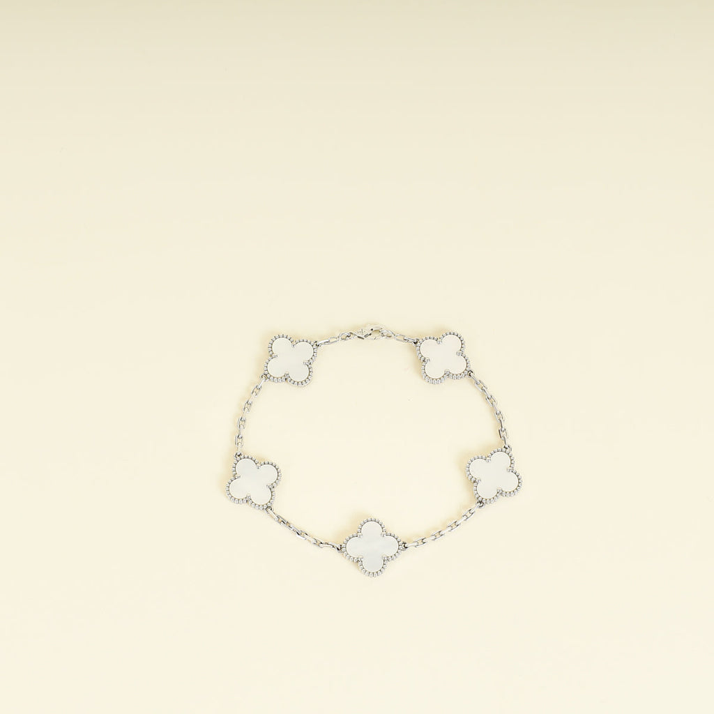 Van Cleef & Arpels 18K White Gold Vintage Alhambra MOP 5 Motifs Bracelet