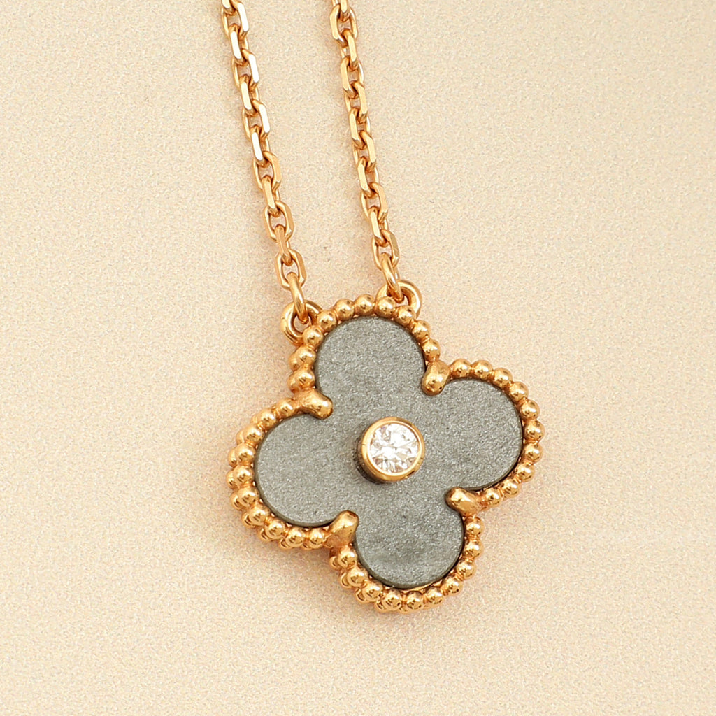 Van Cleef & Arpels 18K Rose Gold Diamond Obsidian Vintage Alhambra 2023 Holiday Pendant Necklace