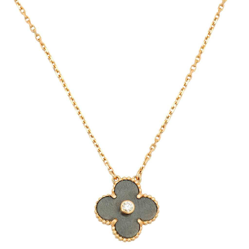 Van Cleef & Arpels 18K Rose Gold Silver Obsidian Vintage Diamond Alhambra Holiday Pendant Necklace