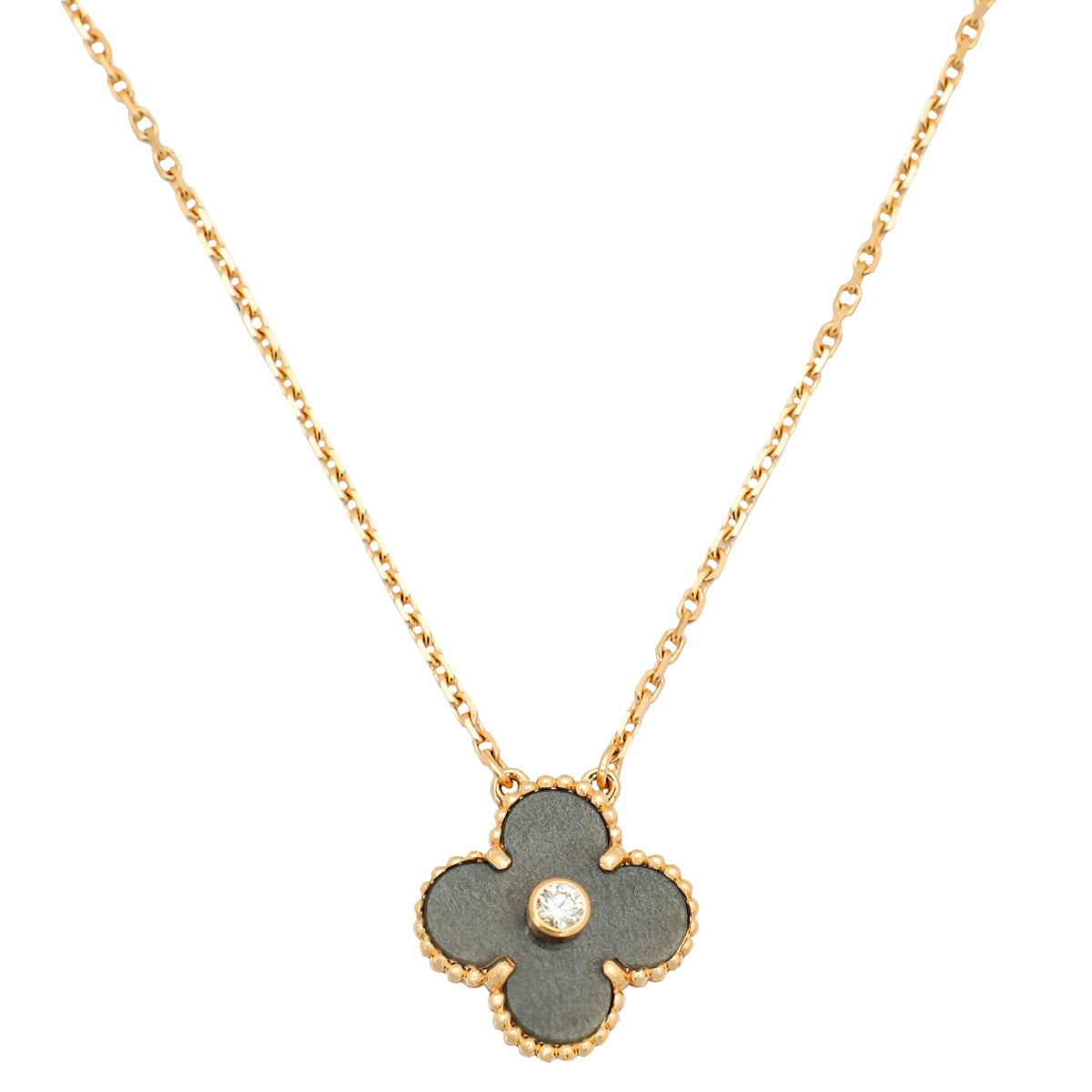 Van Cleef & Arpels 18K Rose Gold Silver Obsidian Vintage Diamond Alhambra Holiday Pendant Necklace