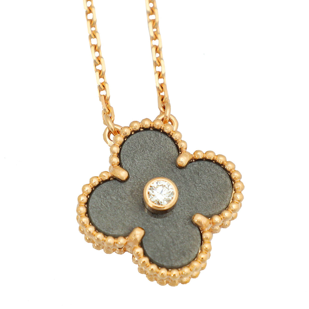 Van Cleef & Arpels 18K Rose Gold Silver Obsidian Vintage Diamond Alhambra Holiday Pendant Necklace