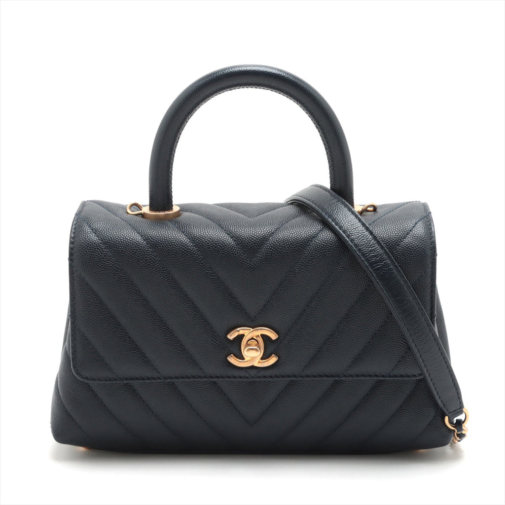 Chanel Small Chevron Coco Handle Caviar Navy