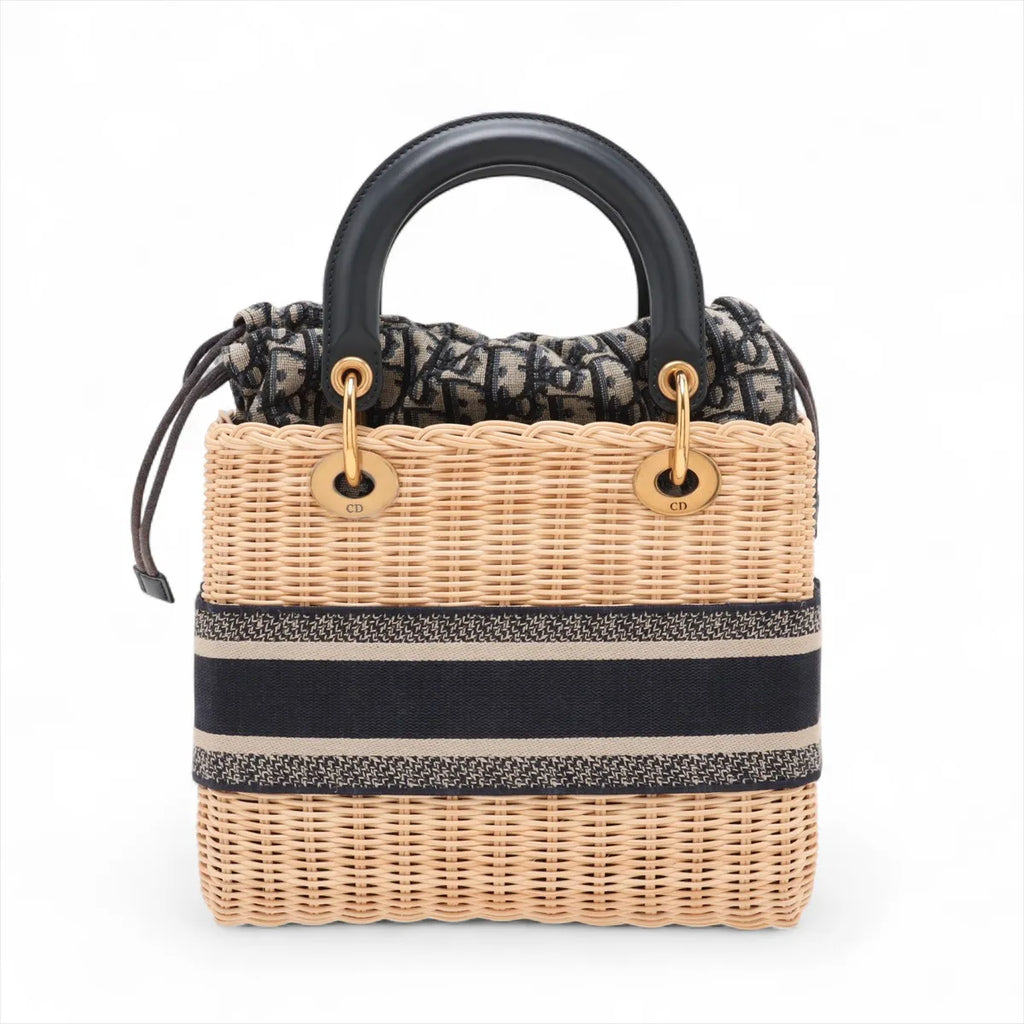Christian Dior Natural Rattan and Blue Dior Oblique Jacquard Medium Lady Dior Handbag [Clearance Sale]