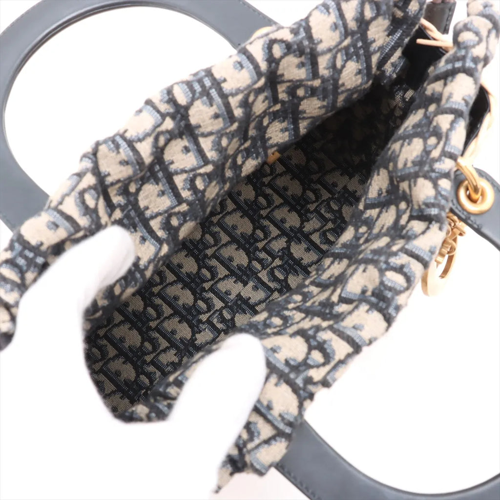 Christian Dior Natural Rattan and Blue Dior Oblique Jacquard Medium Lady Dior Handbag [Clearance Sale]