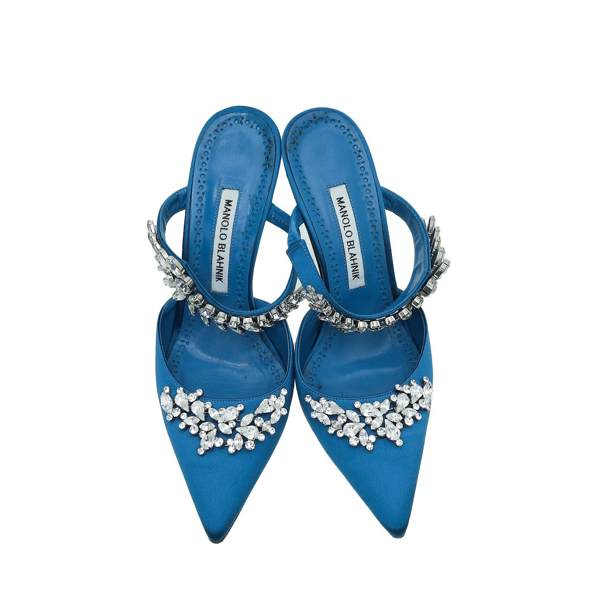 Manolo Blahnik Blue Satin Lurum Crystal Slingback Mules 38