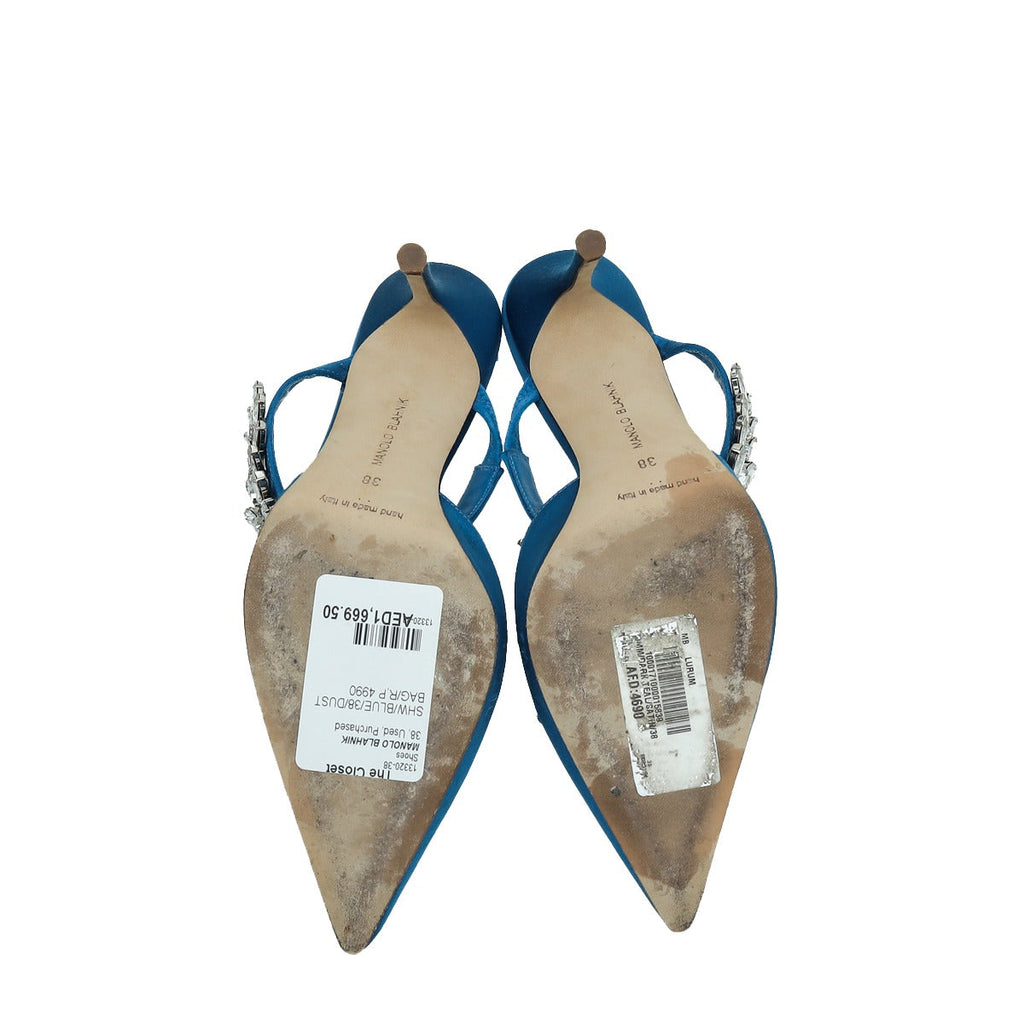 Manolo Blahnik Blue Satin Lurum Crystal Slingback Mules 38