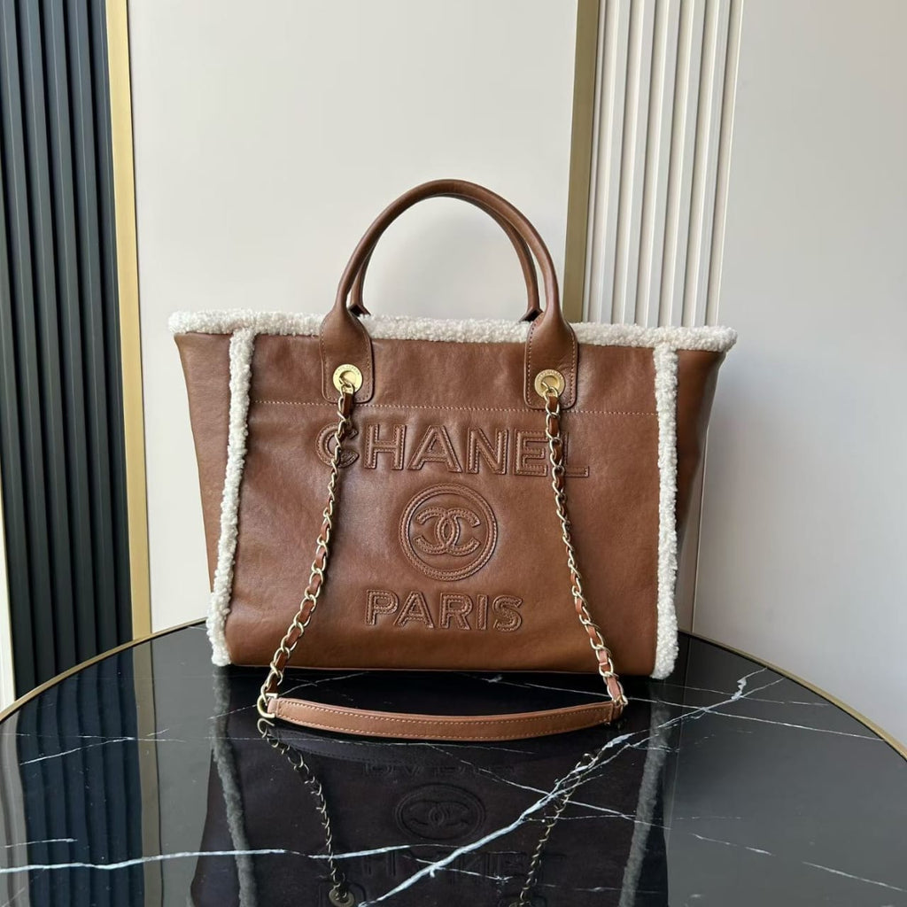 Chanel Lambskin Shearling Medium Deauville Tote Brown