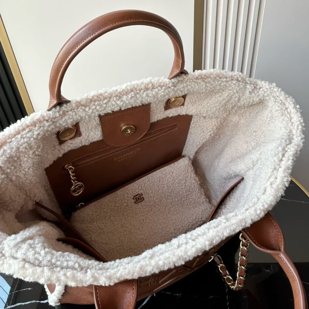 Chanel Lambskin Shearling Medium Deauville Tote Brown