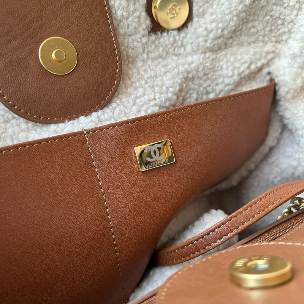Chanel Lambskin Shearling Medium Deauville Tote Brown