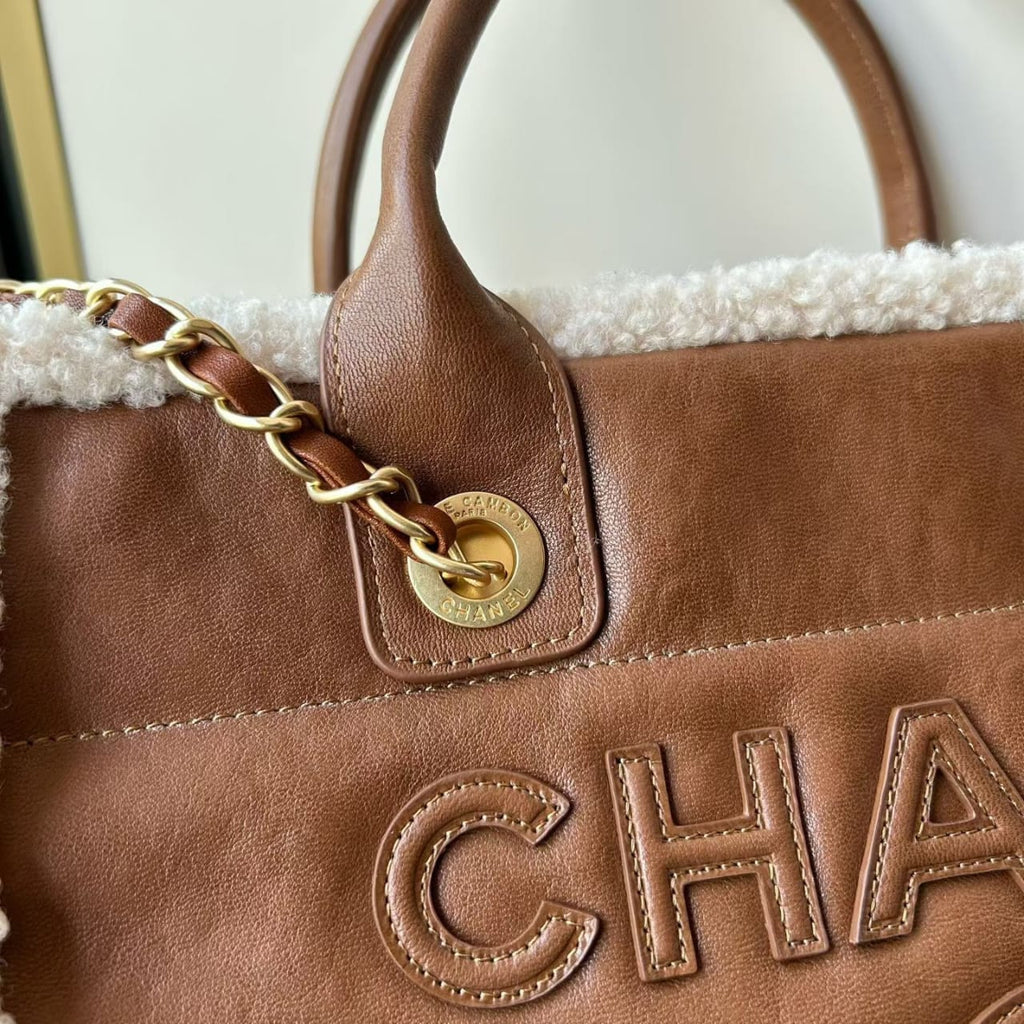 Chanel Lambskin Shearling Medium Deauville Tote Brown