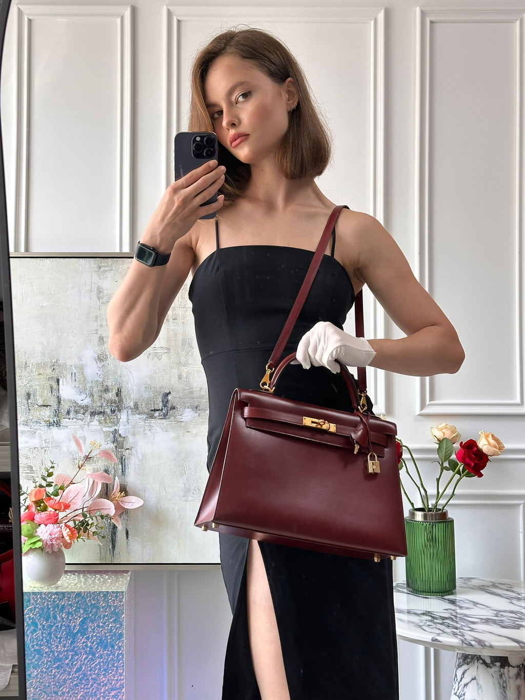 Hermes Kelly 32 Sellier Bag In Burgundy Box Leather With Gold Hardware from 2004