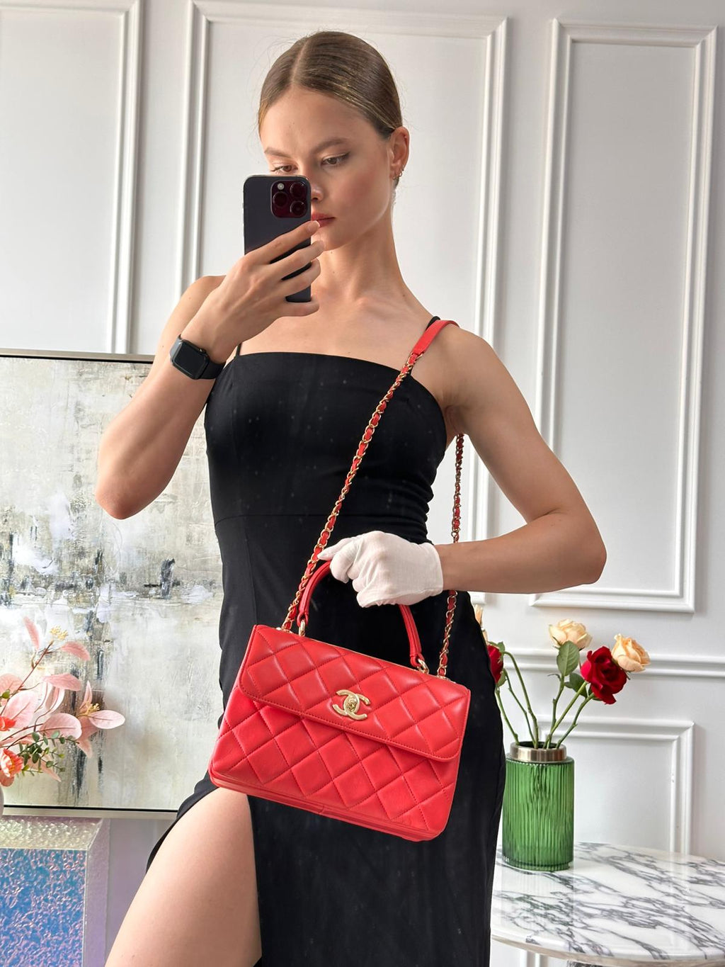 Chanel Red Small Trendy CC Bag In Lambskin Leather With Champagne Gold Hardware