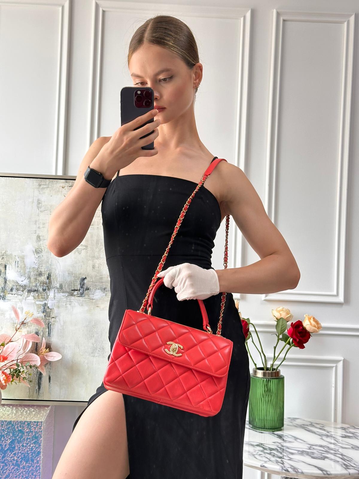Chanel Red Small Trendy CC Bag In Lambskin Leather With Champagne Gold Hardware