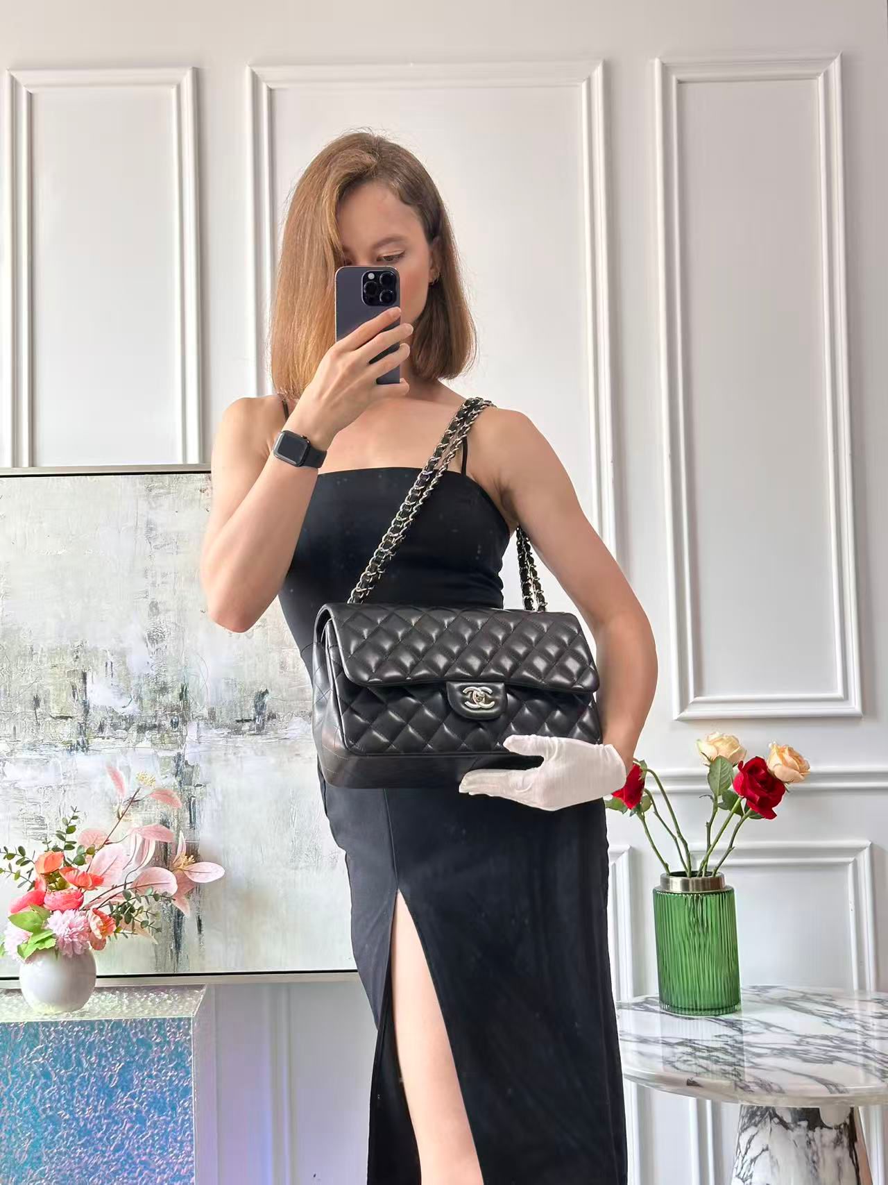 Chanel Classic Flap Bag Lambskin Black Bag Jumbo in Silver Hardware