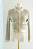 Chanel Vintage S/S1990 Seafood Green Cream Satin Bow Tweed Cropped Jacket