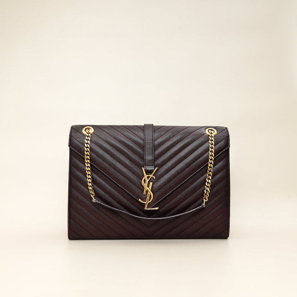 YSL Burgundy Monogram Envelope Large Satchel Bag
