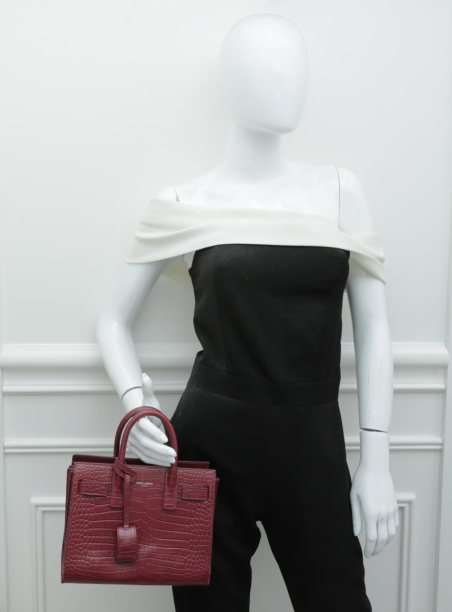 YSL Burgundy Croc Embossed Sac De Jour Nano Bag