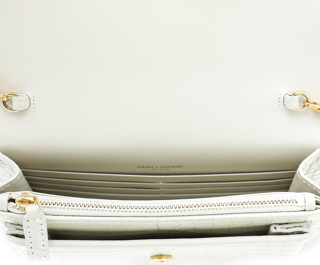 YSL Vintage Blanc Croc Embossed Sunset Chain Wallet