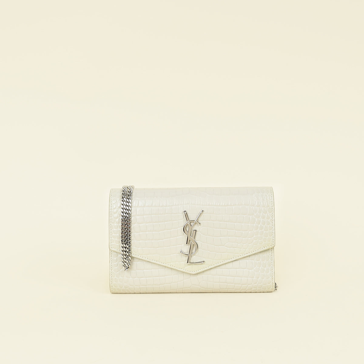 YSL Vintage Blanc Croco Embossed Uptown Wallet on Chain