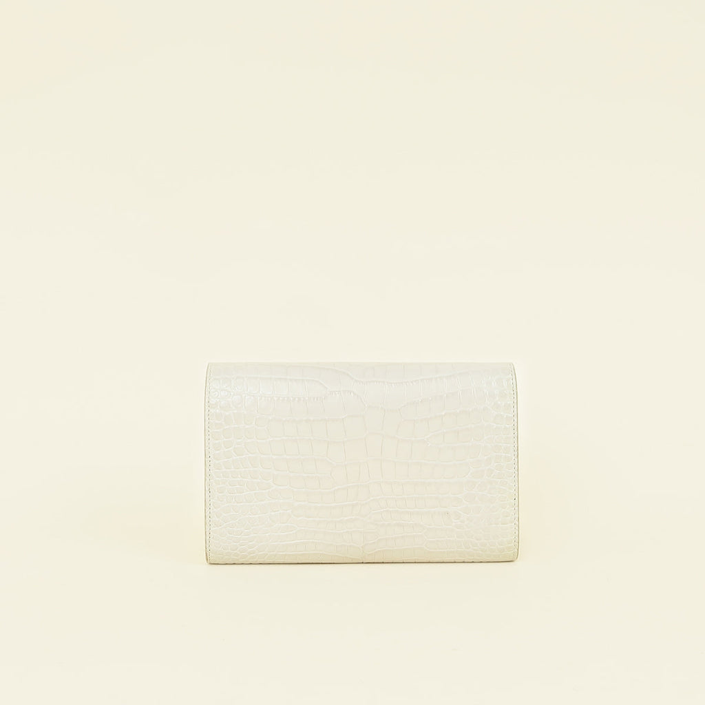 YSL Vintage Blanc Croco Embossed Uptown Wallet on Chain