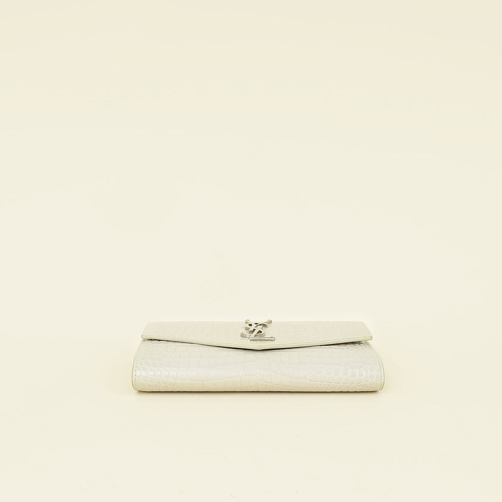 YSL Vintage Blanc Croco Embossed Uptown Wallet on Chain