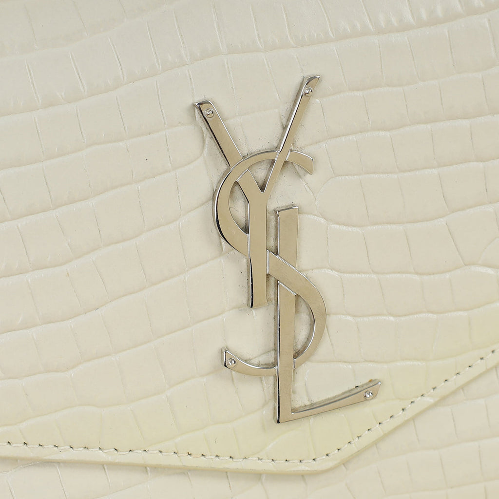YSL Vintage Blanc Croco Embossed Uptown Wallet on Chain